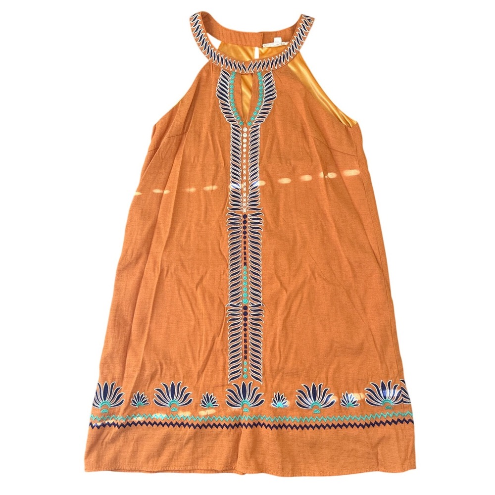THML Burnt Orange Embroidered Halter Shift Mini Dress Womens Small FTM244 Boho